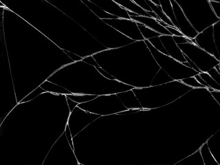 Cracked glass texture on black background. Isolated realistic cracked glass effect.