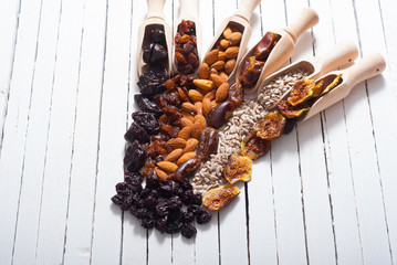 Wall Mural - dried super foods on white wood table background