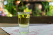 Close up of plum brandy or schnapps in a transparent glass on a table in a garden on a sunny day