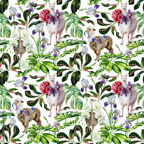 Watercolor seamless tropical pattern of  alpaca, ostrich and cartoon llama wi...