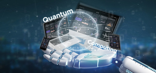 Poster - Cyborg hand holding Quantum computing concept with qubit and devices 3d rendering