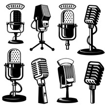 Set Of Retro Style Microphone Icons Isolated On White Background. Design Element For Logo, Label, Emblem, Sign, Poster.