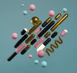 Poster - Abstract Memphis style shapes, capsules and spiral, 3d render / rendering.