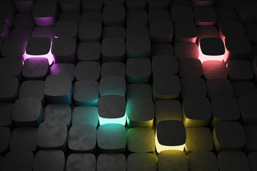 Poster - Colorful lights amidst black cubes, 3d render / rendering.