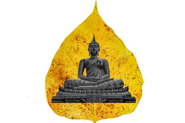 Ancient Buddha, Close up Buddha statue in golden Bodhi leaf on white background or ancient Buddha isolated use for Buddhist day background