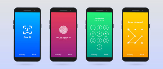 Screen Lock. Set of four mobile phone screen loch Passcode interface for lock screen or enter password pages.