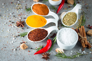 Spices in Wooden spoon. Herbs. Curry, Saffron, turmeric, rosemary, cinnamon, garlic, pepper, anise on wooden rustic background. Collection of spices and herbs. Salt, paprika. Copy space. Top view. Ban