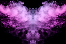 Abstract Mystical Bat Silhouette Straightened Wings From Streams Of Colorful Smoke Evaporating From A Vape Illuminated By Neon Lights On A Black Background.
