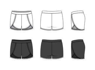 Wall Mural - Blank clothing templates of women pompom beach shorts in front, side, back views. Vector illustration isolated on white background. Technical fashion drawing set.