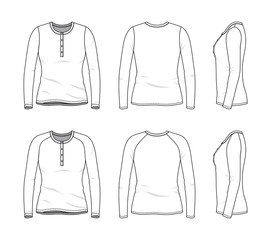 Wall Mural - Blank clothing templates of women long sleeve button tee, shirt set in front, side, back views. Vector illustration isolated on white background. Technical fashion drawing set.