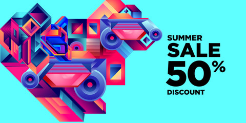 Summer Sale 50% Discount Banner with Colorful Abstract Geometric Background Pattern