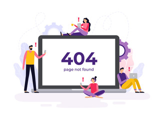 Fototapete - Hand-drawn 404 error banner. Vector illustration. Students learning near a big banner.  Can be used as any banner on your site or landing page with a distance course theme.