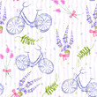 Hand-drawn seamless pattern with the image of a bicycle, plants and lavender. Textile summer pattern fow girls. Wintage lavender flower. Provance fabric. Clothes print. Wallpaper design watercolor.