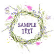 Round frame of meadow grass, flowers and lavender. Summer watercolor design with butterflies. A wreath of field herbs. Wintage lavender flower. Provance print.