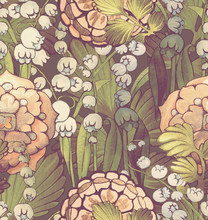 Seamless Pattern With Flowers Lilies Of The Valley And Roses. Hand Drawn Art Nouveau Illustration