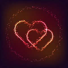 Wall Mural - Vector Valentine day card. Two shiny and glowing heart shapes in sparkles ring on dark red and pink background. Love symbol.