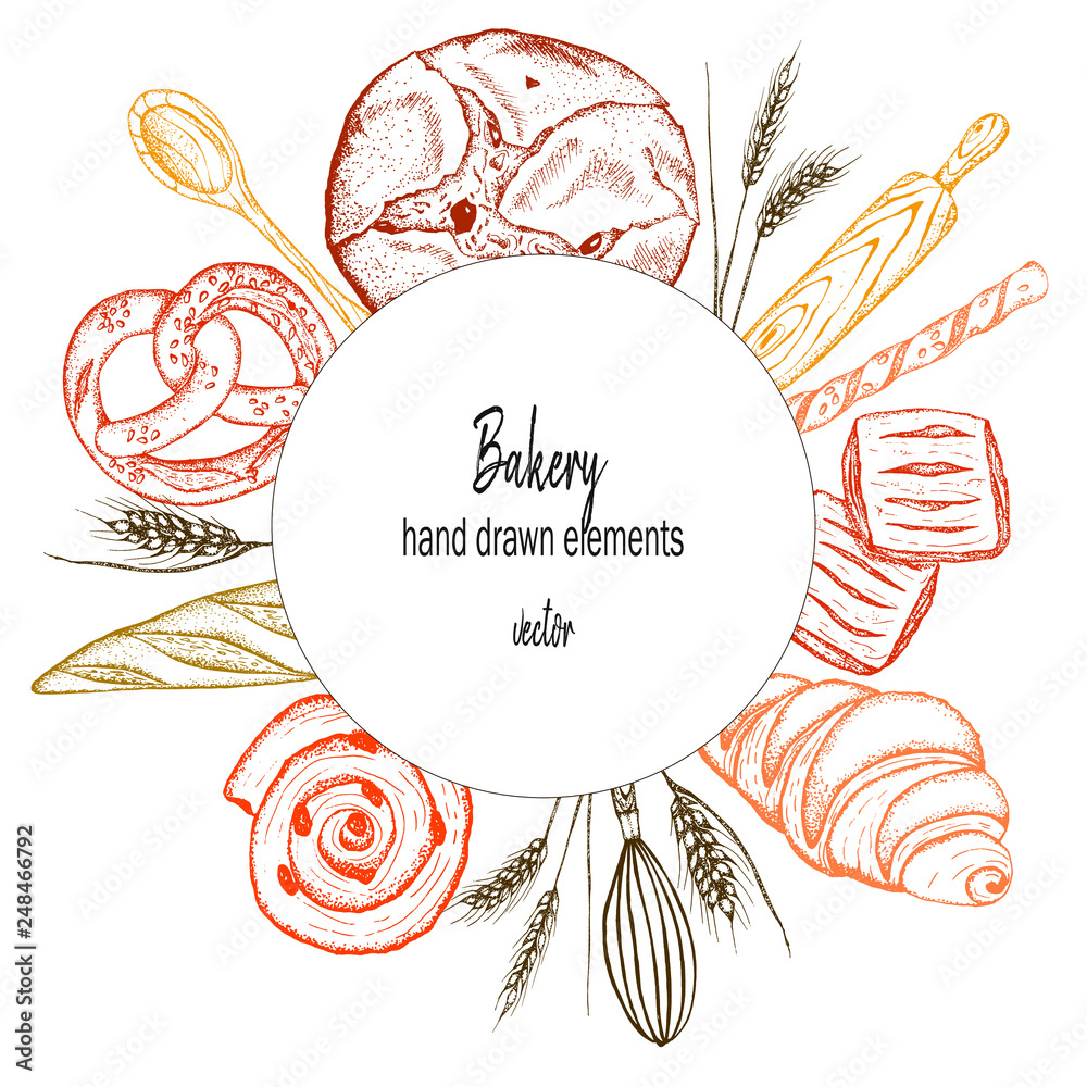 Bakery top view frame. Hand drawn sketch with bread, pastry, sweet ...