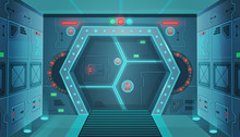 Corridor With A Door In A Spaceship.Vector Cartoon Background Interior Room Sci-fi Spaceship. Background For Games And Mobile Applications.