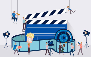 Making movie, video production poster template with small people in the process of shooting a movie. Editable vector illustration