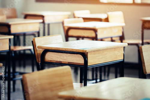Empty School Classroom With Desks Chair Wood Greenboard And
