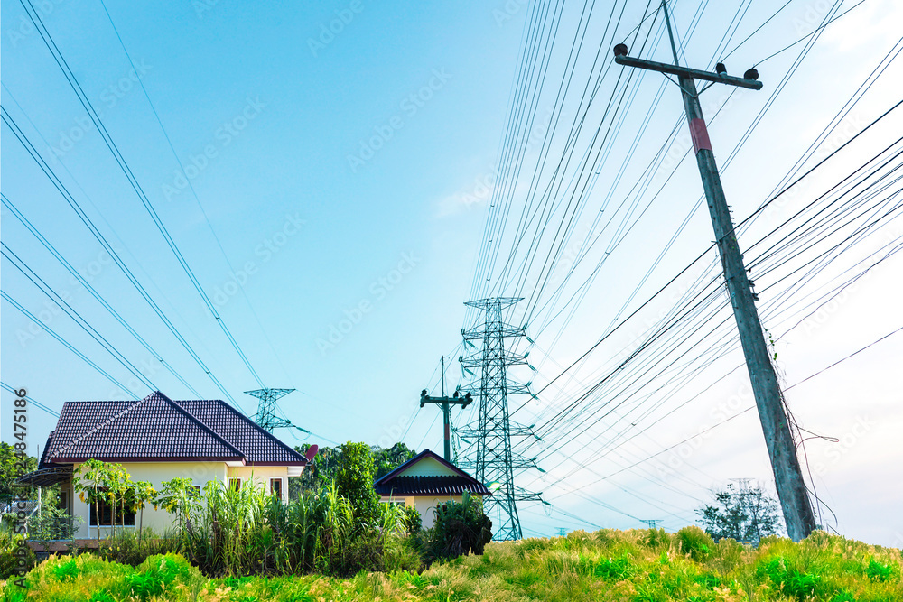 Photo Stock Background of electricity pole system with home, Power ...