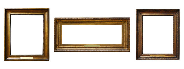 Set of three vintage golden baroque wooden frames on  isolated background