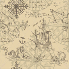  Old caravel, vintage sailboat, sea monster. Vector seamless pattern