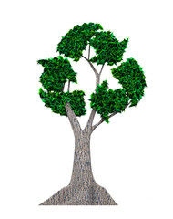 Wall Mural - Concept of developing circular economy and environmental protection industry, tree with green leaves in form of recycling symbol, isolated on white background, 3D illustration.