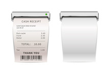 Realistic Sales Receipts Going Out From Printing Machine, White Shopping Bills . Paper Financial Checks On White