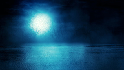 Poster - Background scene of empty street. Night view of the river, night sky with clouds, silhouettes of trees, light reflected on water. Smoke fog