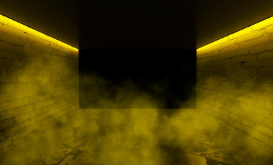 Poster - Background of empty room with brick walls, concrete floor, tiles. Yellow neon light smoke