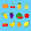 Set of cute 12 color flat fruits icon collection for children learning the English words and vocabulary. Vector illustration.