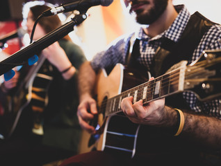 Wall Mural - Playing classic guitar. Selective focus.