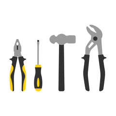 Wall Mural - Set of repair instruments icon. Pliers, screwdriver, hammer, water cimping pliers. Repair symbol. Vector illustration isolated on white background.