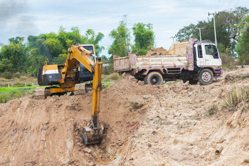 Wall Mural - Yellow excavator machine loading soil into a dump truck at construction site