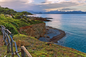 Landscape with sunset at S`illot, Bay of Pollenca, Mallorca.