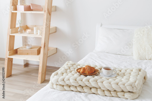 Stylish Cozy Scandinavian Bedroom Interior White Wall Bed