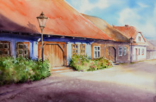 Old Wooden House Village Of Lanckorona - Poland. Picture Created With Watercolors.