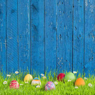 easter background with painted eggs