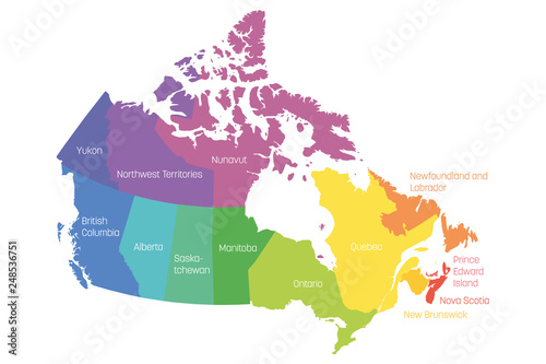 Cuadros en Lienzo Map of Canada divided into 10 provinces and 3 territories