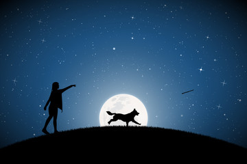 Sticker - Girl trains dog on moonlit night. Vector illustration with silhouettes of woman and running pet in park. Full moon in starry sky