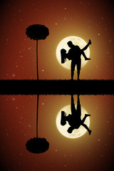 Sticker - Guy carry girl in moonlit night. Vector illustration with silhouette of happy lovers and tree reflected in water. Full moon in starry sky