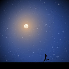 girl running on moonlit night. vector illustration with silhouette of female runner in park. norther