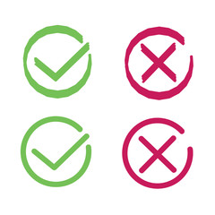 Crosses and ticks signs. Green tick and red cross, ok and crossing checkmark vector icons in flat style. Yes and no symbols