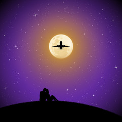 Sticker - Lovers and flying aircraft on moonlit night. Vector illustration with silhouette of couple sitting on hill in park. Full moon in starry sky