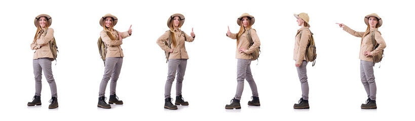 Woman wearing safari hat on white