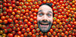 Mann mit Tomaten , Konzept für lebensmittelindustrie. Gesicht von lachenden mann in Tomaten flache.