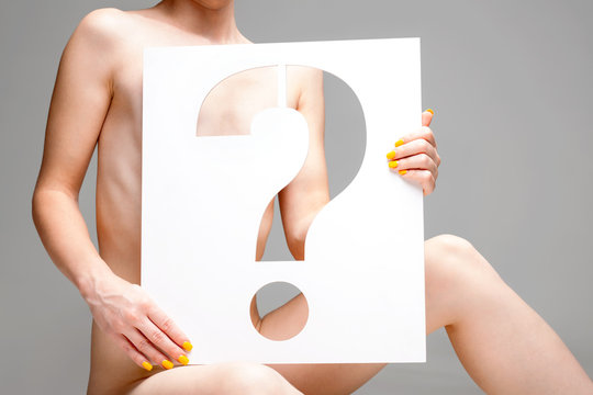 sexy nude girl holding a question mark stencil character