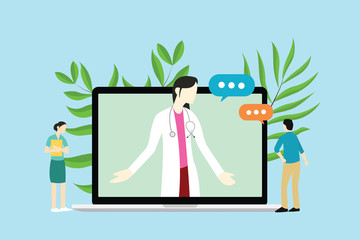 Poster - online female doctor consultations with doctor and patient and nurse on laptop - vector