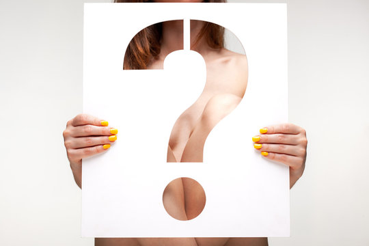 sexy nude girl holding a question mark stencil character